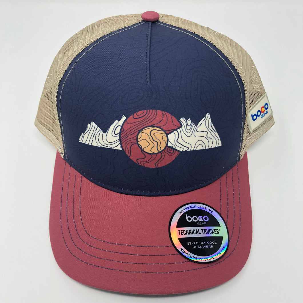 Colorado Topo Mountains - BOCO Technical Trucker Hat - Dark Blue/Red